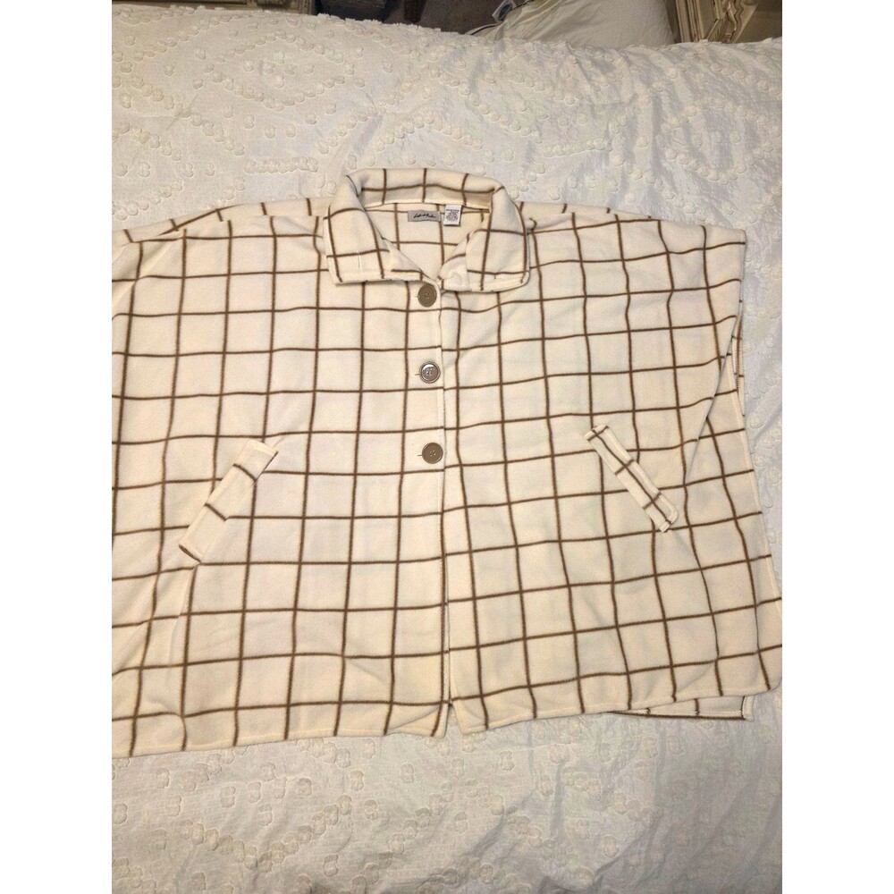 Le Mode Women’s Ivory Brown Check Button Collared Pocket Poncho Fall Autumn OS